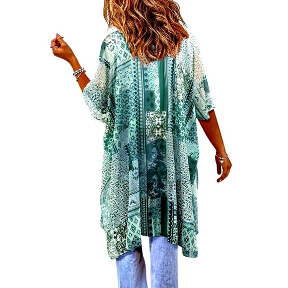 CCC Bohemian Style Patchwork Cape Lightweight Sheer Fabric Elegant Turquoise Whi - Picture 6 of 10